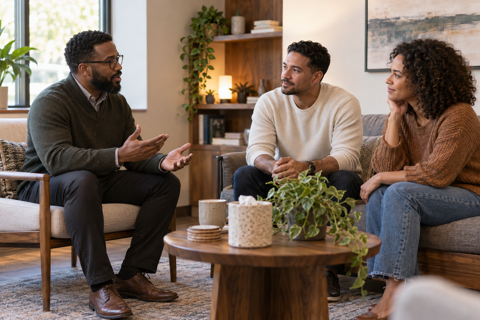 A therapist speaking with two adults in a welcoming counselling session
