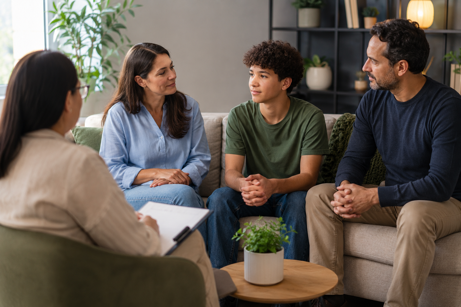 A family taking part in a supportive counselling conversation